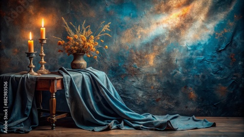 Dark, mysterious studio backdrop featuring a blue-painted, vintage muslin fabric canvas with embers-inspired, abstract centerpiece, perfect for dramatic portrait photography.