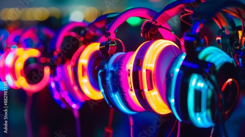 Colorful Silent Disco Headphones ready to be used at an event photo