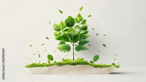 Small green tree with leaves falling, isolated on white background.