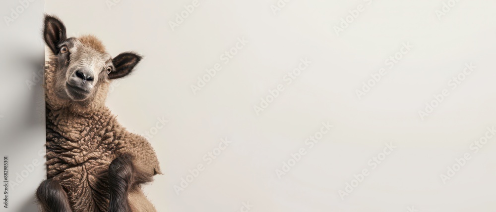 Fototapeta premium Curious Sheep Peeking Around Corner in White Room