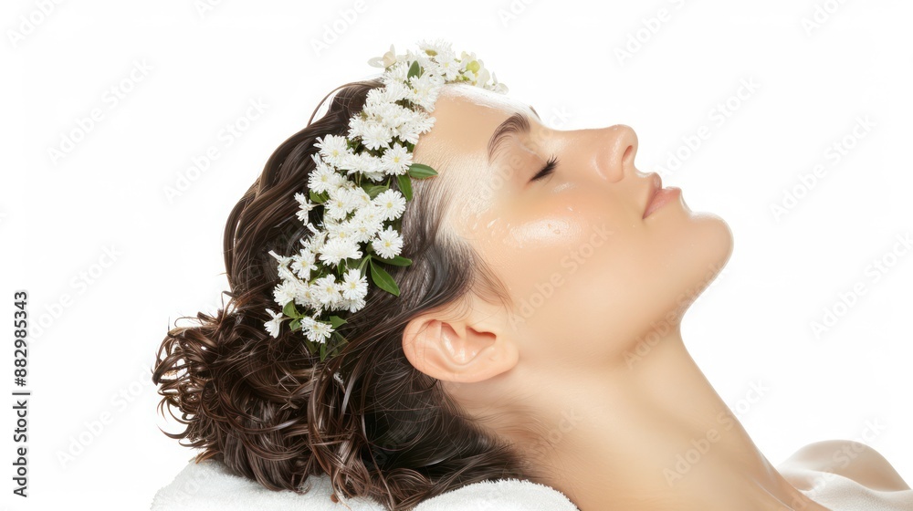 Serene Beauty - Smiling Woman with Flower in Hair for Spa Treatment on White Background, Peaceful and Tranquil Beauty Concept, Generative Ai Serene Beauty - Smiling Woman with Flower in Hair for Spa Treatment on White Background, Peaceful and Tranquil Beauty Concept, Generative Ai