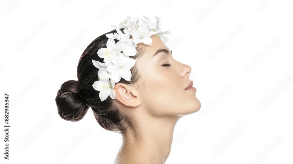 Serene Beauty - Smiling Woman with Flower in Hair for Spa Treatment on White Background, Peaceful and Relaxing Beauty Concept, Generative Ai Serene Beauty - Smiling Woman with Flower in Hair for Spa Treatment on White Background, Peaceful and Relaxing Beauty Concept, Generative Ai