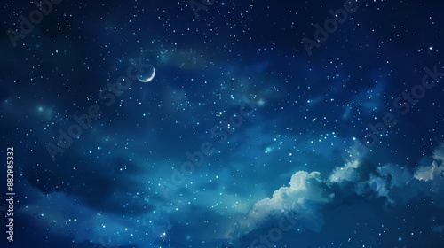 Tranquil night sky with falling stars, moon, and ethereal clouds in impressionist style