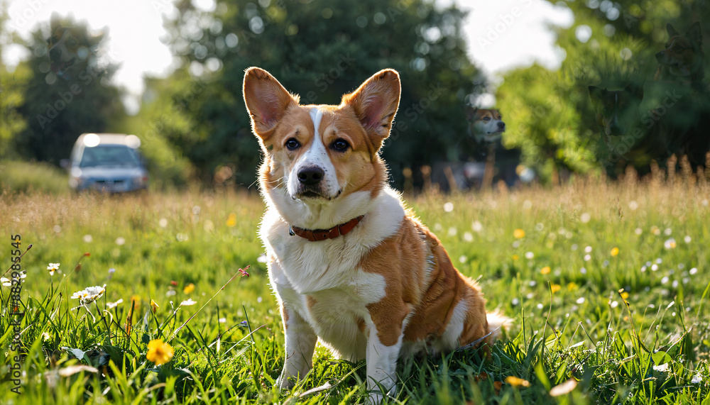 Un Corgi dans un pré ensoleillé Un Corgi dans un pré ensoleillé
