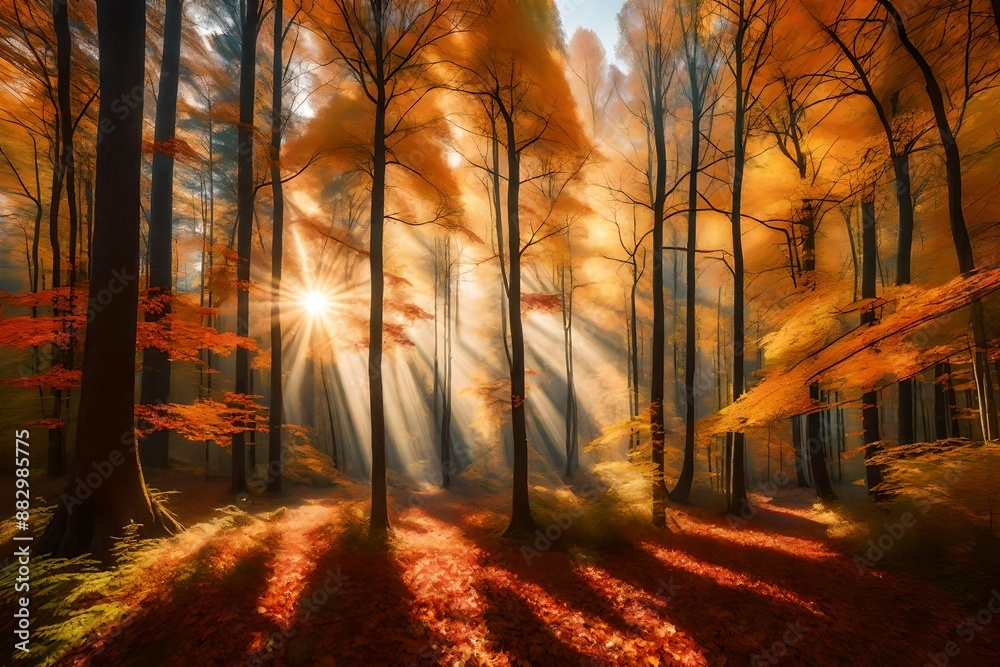 Obraz premium Autumn forest nature. Vivid morning in colorful forest with sun rays through branches of trees..