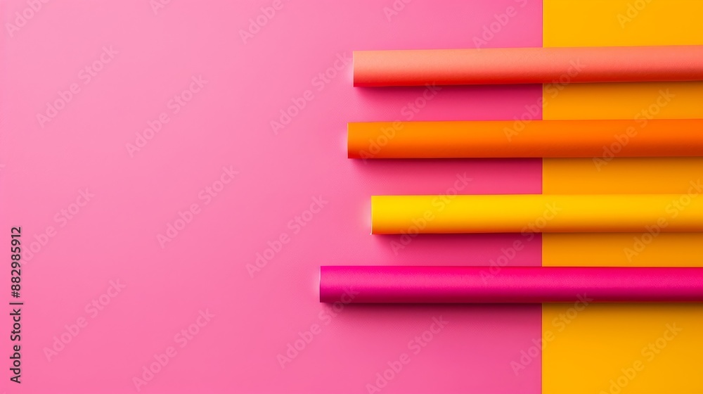 Colorful pencils on vibrant pink and yellow background, perfectly aligned, minimalistic and aesthetic design. Colorful pencils on vibrant pink and yellow background, perfectly aligned, minimalistic and aesthetic design.