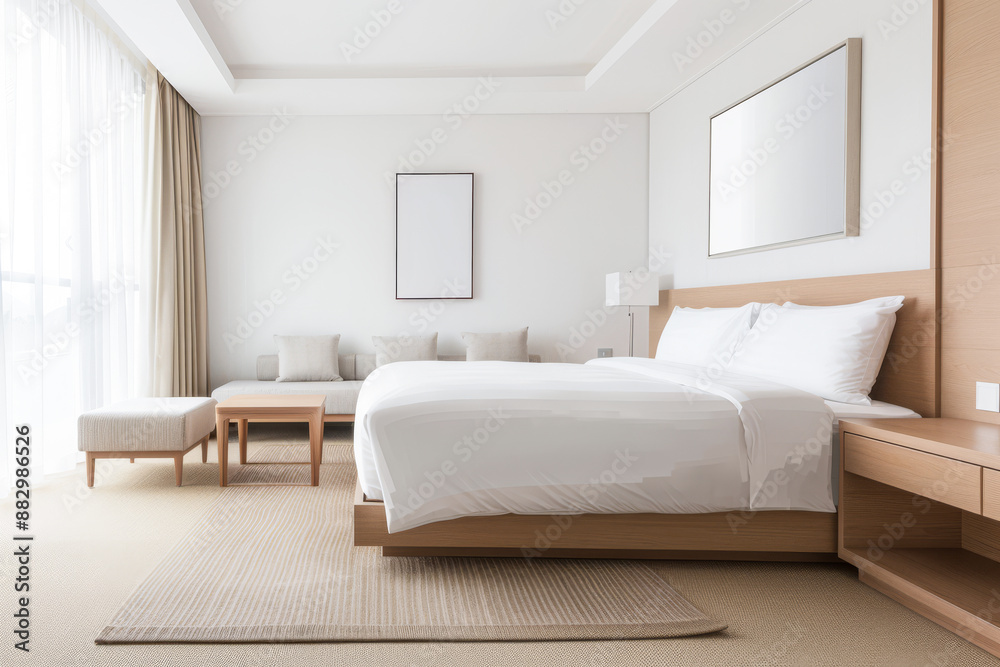Fototapeta premium Luxury hotel room in neutral and beige colors with copy space. Hotel Real Estate investment conceptual image.