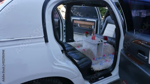 Wallpaper Mural white limousine for guests with a bar and champagne inside, slow motion
 Torontodigital.ca