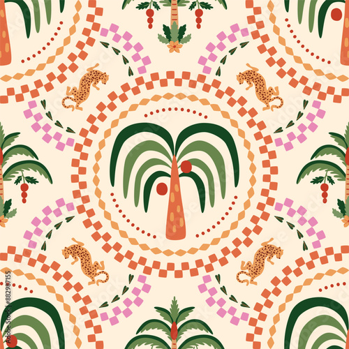 Summer ceramic tile pattern with tropical palm tree, leopard animal, checkered round shapers. Cute vector jungle print, funny beach background, damask ornament, botanical exotic textile design, safari
