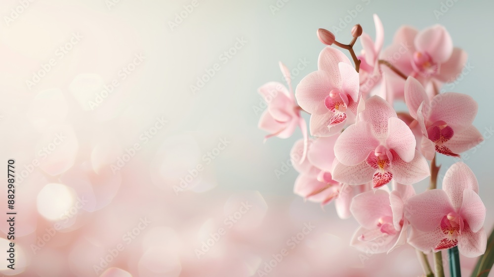Delicate pink orchids in full bloom with a soft, blurred background, creating a serene and elegant atmosphere. Delicate pink orchids in full bloom with a soft, blurred background, creating a serene and elegant atmosphere.