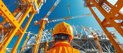 A sports stadium under construction, structural beams and materials, cranes and workers, realistic, photorealistic render, dynamic scene, high detail, modern infrastructure