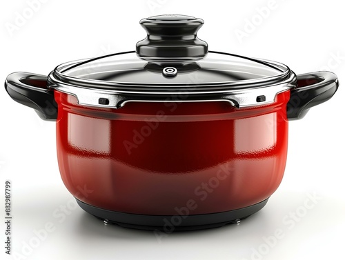 a red crock pot with a lid on a white background.