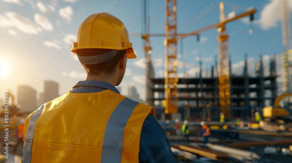 A large construction site with cranes and iron girders, workers in helmets, early stages of skyscraper development, realistic, photorealistic render, industrial colors, high detail A large construction site with cranes and iron girders, workers in helmets, early stages of skyscraper development, realistic, photorealistic render, industrial colors, high detail