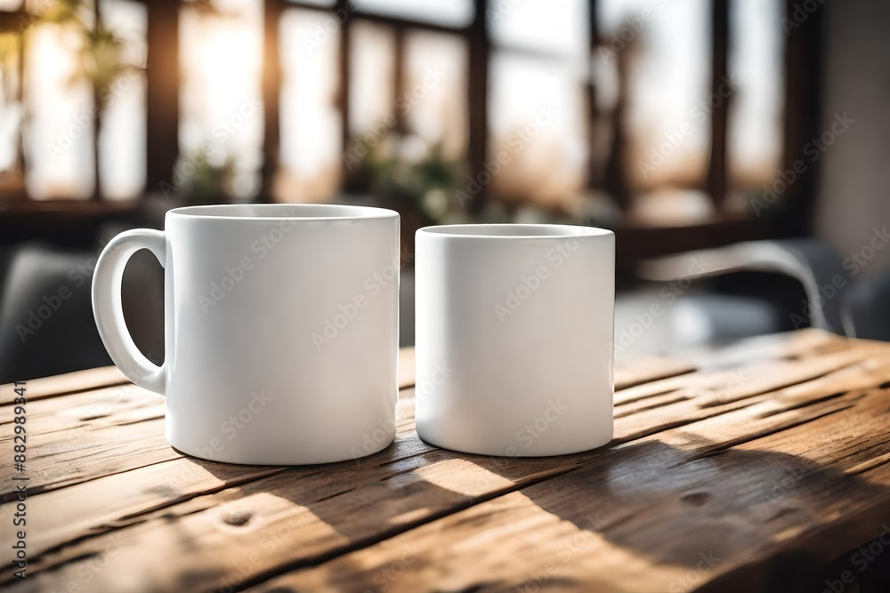 White blank coffee mug on the top of wooden table and blurred interior. White blank coffee mug on the top of wooden table and blurred interior.