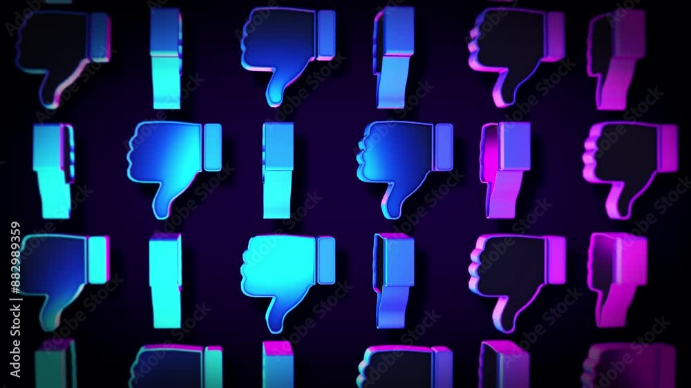 Multiple bizarre thumbs down emoji are flying in the black background ...