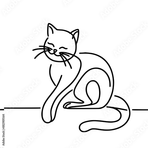 stylized drawing of a cat with a tail wrapped around his body, stretched out his paw, one line vector drawing