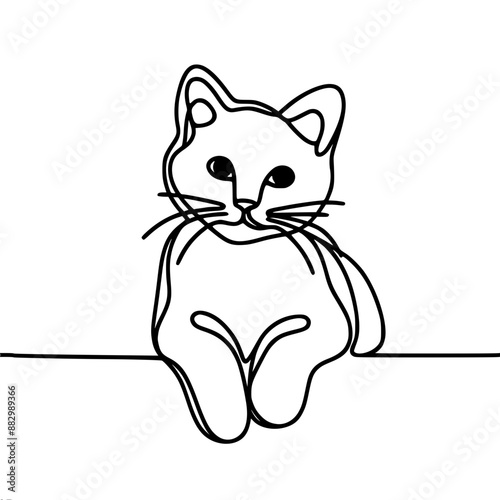stylized drawing, a cat sits leaning forward and dangling its paws, one-line vector drawing