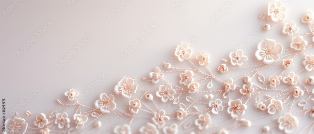 Elegant blush pink floral embroidery over white fabric background. Delicate and intricate flower design creating a soft, romantic atmosphere. Elegant blush pink floral embroidery over white fabric background. Delicate and intricate flower design creating a soft, romantic atmosphere.