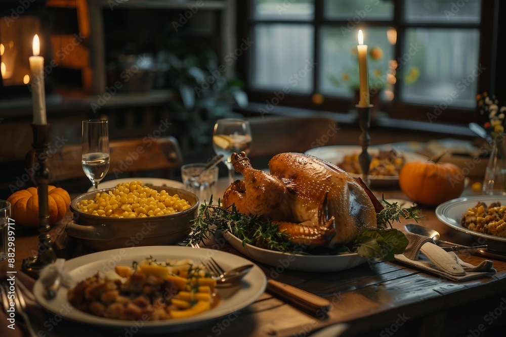 Holiday Meal Featuring Roast Turkey, Green Beans, and Candlelight Ambiance. Generative AI Holiday Meal Featuring Roast Turkey, Green Beans, and Candlelight Ambiance. Generative AI
