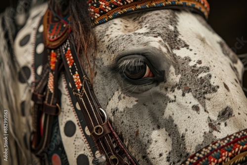 Close up portrait of a freckled horse with traditional bridle.