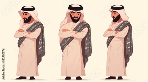 Cute cartoon Full body studio portrait of a Saudi Arabian man in pristine thobe robe and shemagh illustrations photo