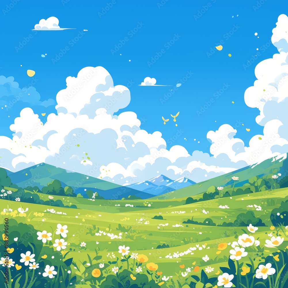 Fototapeta premium Vibrant summer meadow blooms beneath blue sky, green grass, and fluffy clouds