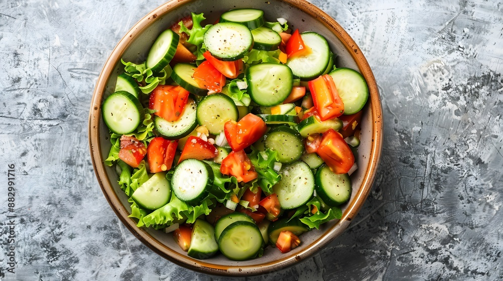 High angle of ceramic bowl with tasty healthy salad and vegetables placed with sliced cucumber and tomato with cutlery and fabric over gray table. High angle of ceramic bowl with tasty healthy salad and vegetables placed with sliced cucumber and tomato with cutlery and fabric over gray table.