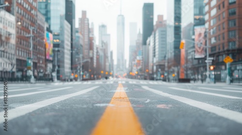 Empty city street with a focus on a yellow line, surrounded by tall buildings, creating an urban feel in a downtown area.