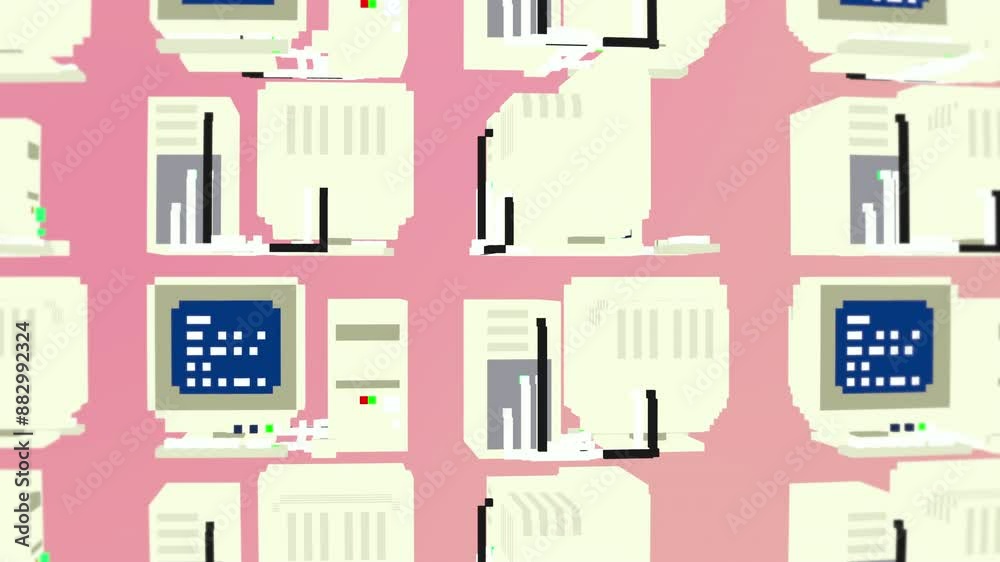Nostalgic Retro Pixel Desktop Background Animation. Colorful Retro Pixel Aesthetic PC Background Pattern In Motion. Rotating Retro Pixel Computer Setup Animation Creative Art Background.