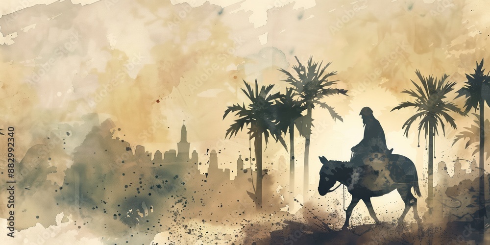 Fototapeta premium Desert landscape with horse rider approaching palm trees. Serene and peaceful atmosphere. Minimalist black and white photo. Perfect for travel, adventure, or nature themes.