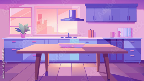 dining room Wooden table on blurred kitchen bench background. Empty wooden table and blurred kitchen background