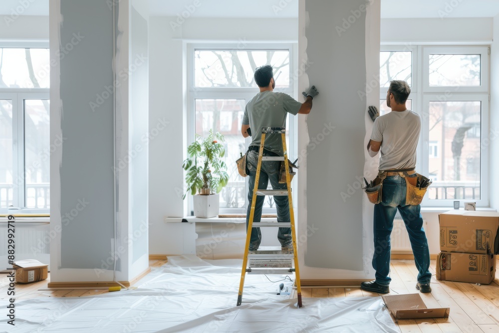 © blinkstud.io - Two male workers from the professional home renovation service painting walls light gray in a living room interior inside a new modern house or apartment