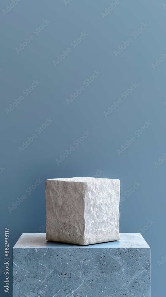 A white stone block sits on a blue pedestal A white stone block sits on a blue pedestal