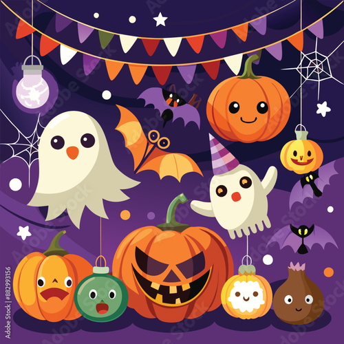 Strings of Halloween-themed garlands with pumpkins, ghosts, and bats.