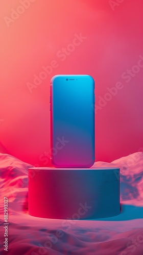 A phone is sitting on a pedestal in front of a pink background