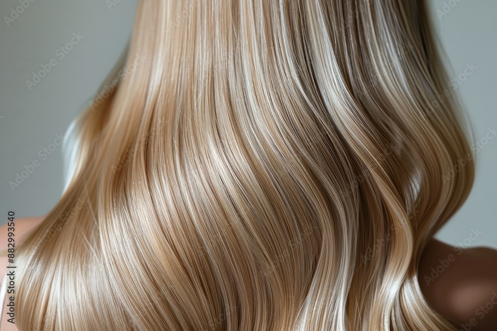 Fototapeta premium Back close-up view of woman with long highlighted blonde shiny hair on grey background. Concept: beauty eco product design, haircare, hair coloring techniques, dyeing, woman's health 