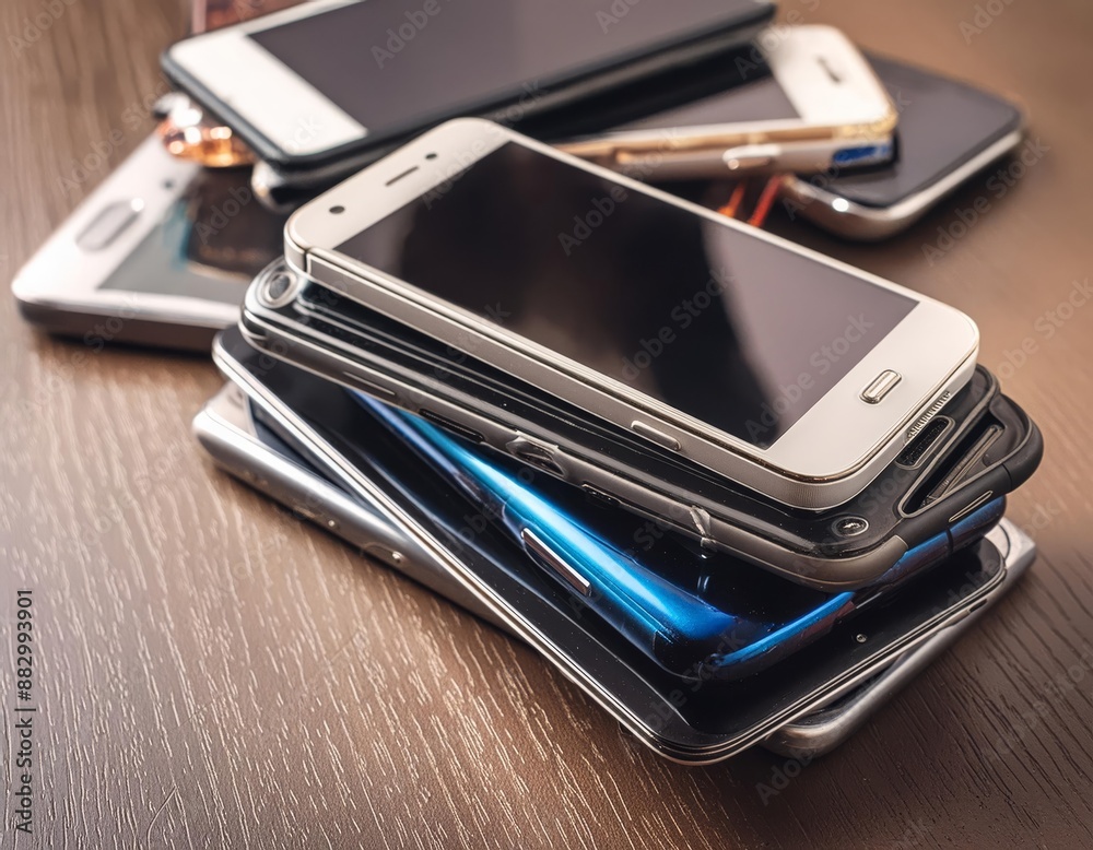 Stack of smart phones on wooden table in coffee shop, stock photo Stack of smart phones on wooden table in coffee shop, stock photo