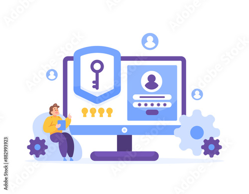 the concept of identity and access management or IAM. control or manage user access and identity. security control system. illustration of a man trying to log into a computer. flat style design