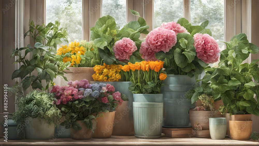 Fototapeta premium A florist full of fresh flowers from a pastel planter, surrounded by plants and potted greens on a shelf, ai 