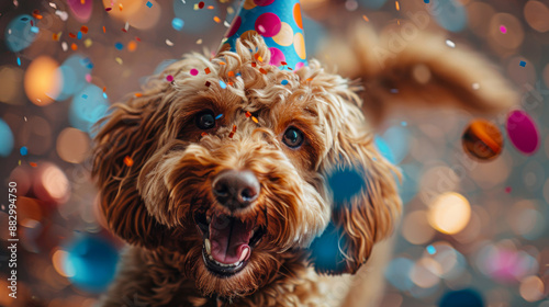 Happy dog wearing a party hat, surrounded by confetti, celebrating a joyful moment. Suitable for birthday party.