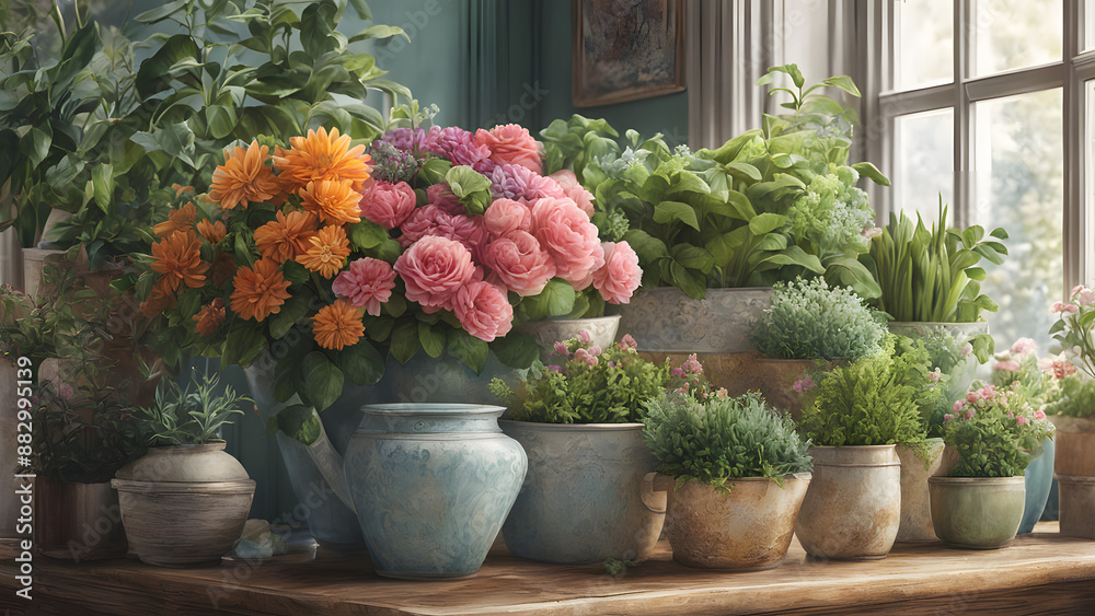 A florist full of fresh flowers from a pastel planter, surrounded by plants and potted greens on a shelf, ai A florist full of fresh flowers from a pastel planter, surrounded by plants and potted greens on a shelf, ai