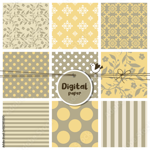 Natural colors Set of colorful decorative papers, seamless patterns, flowers, dots, stripes, square swatches, for celebration party