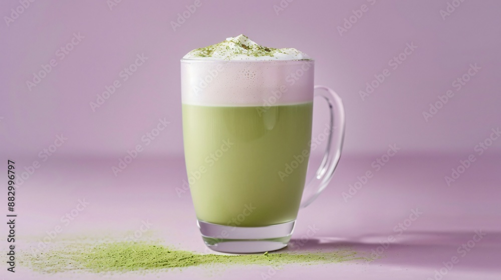 Soft lavender background showcasing a chic matcha latte with oat milk, served in a clear glass mug