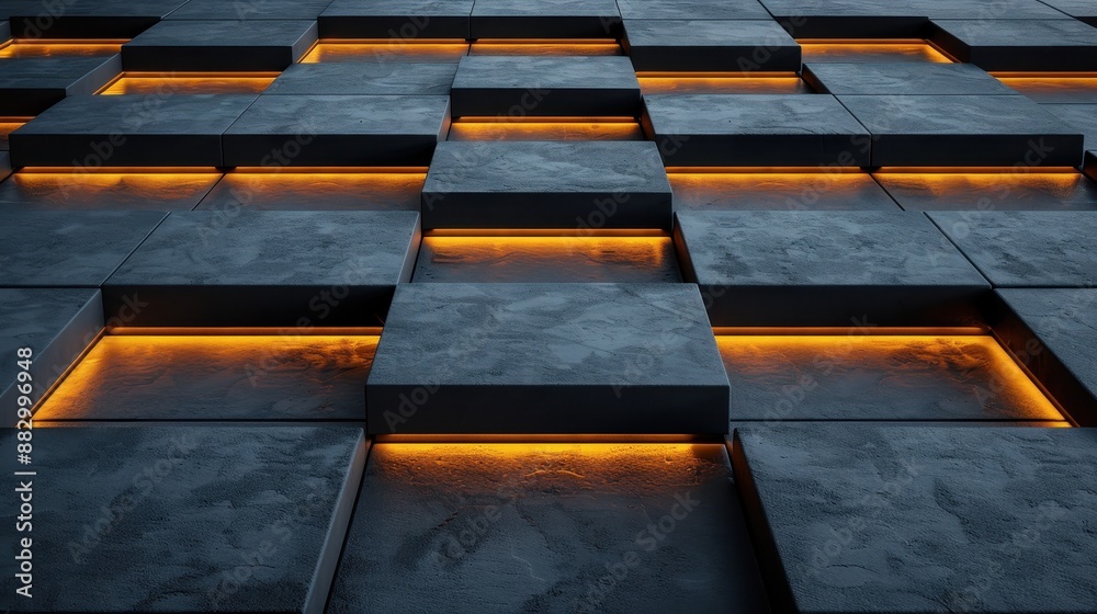 Abstract 3D Concrete Tiles with Orange Neon Lights Modern Design Background Abstract 3D Concrete Tiles with Orange Neon Lights Modern Design Background