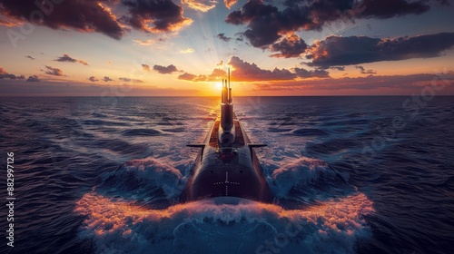 Fototapeta Naklejka Na Ścianę i Meble -  Naval submarine emerges at sunset  military vessel navigating open seasdefense technology concept