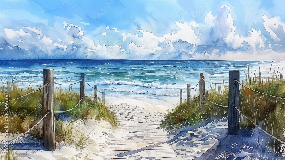 Fototapeta premium Watercolor Painting of a Sandy Beach Path Leading to the Ocean with a Wooden Fence