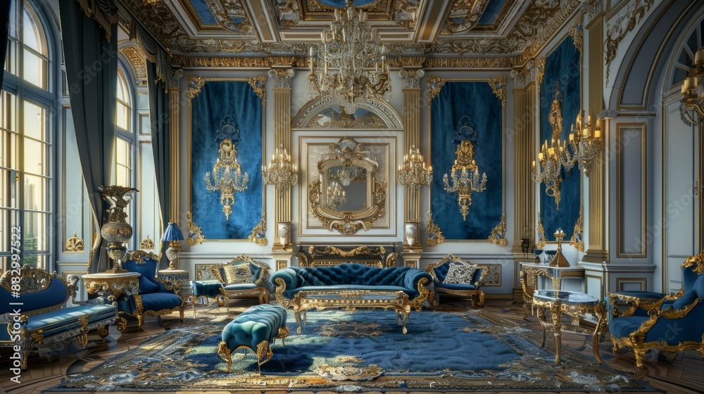 Fototapeta premium Opulent palace rococo style with blue velvet, gold accents in luxurious setting