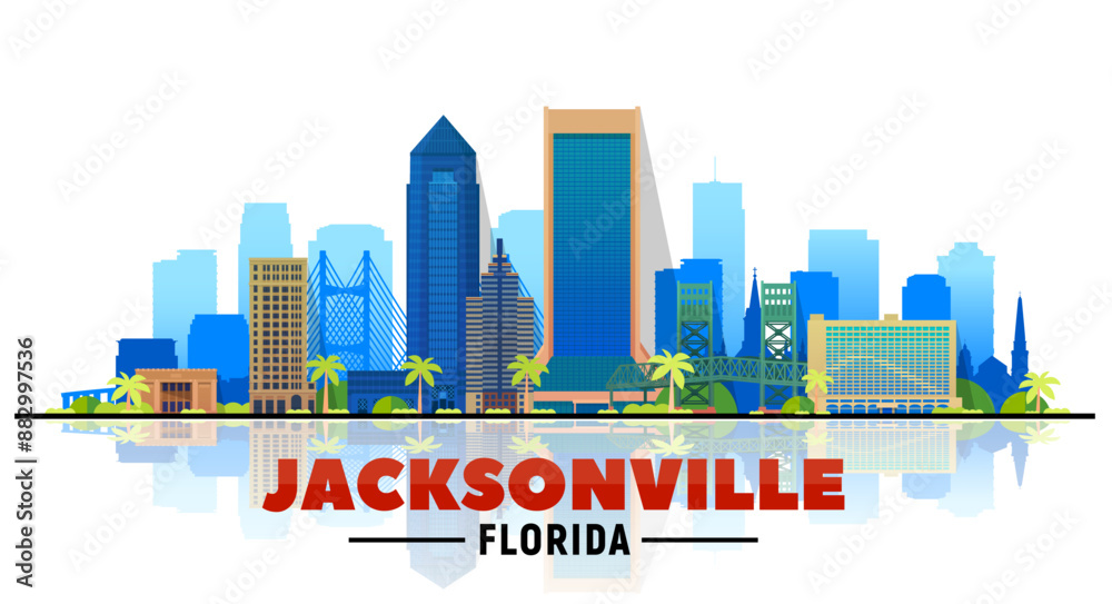 Jacksonville Florida skyline with panorama in white background. Vector Illustration. Business travel and tourism concept with modern buildings. Image for presentation, banner, web site. Jacksonville Florida skyline with panorama in white background. Vector Illustration. Business travel and tourism concept with modern buildings. Image for presentation, banner, web site.