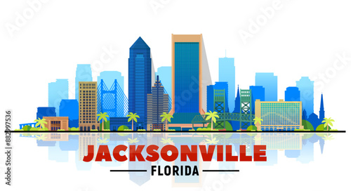 Jacksonville Florida skyline with panorama in white background. Vector Illustration. Business travel and tourism concept with modern buildings. Image for presentation, banner, web site.