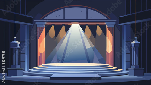 illustration of a stage with spotlight stage with curtains stage with red curtains and spotlights Theater stage light background with spotlight illuminated the stage.. Empty stage with bright colors b